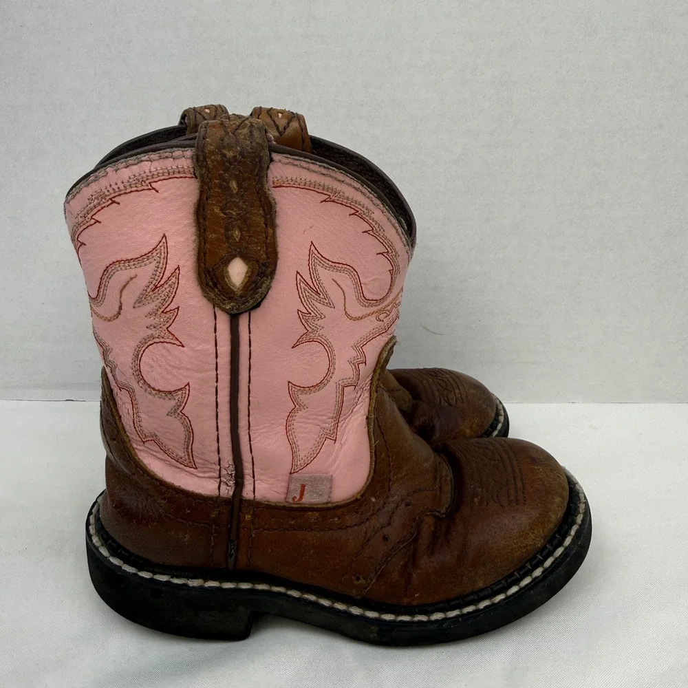 Justin Gypsy Kids Brown Pink Leather Western Cowboy Boots 9901C Size 10D